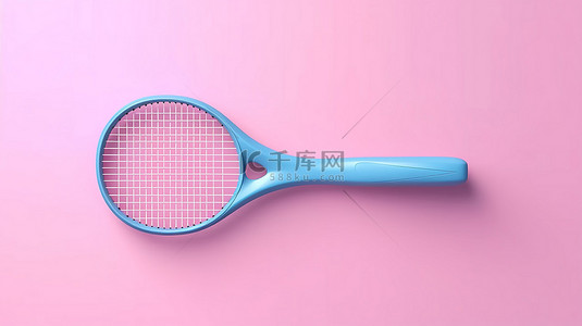 简约设计元素 3D 呈现粉红色背景上的蓝色网球拍
