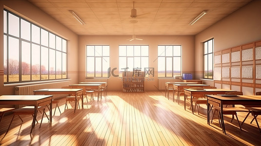 没有学生的教室的 3d 渲染