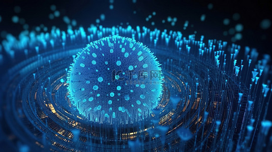 蓝色技术球体的 3D 渲染与粒子人工智能和大数据可视化概念