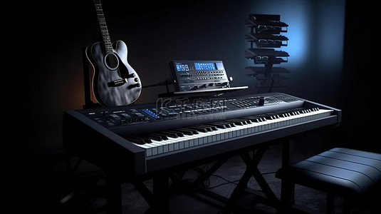 黑暗工作室 3D 渲染键盘支架和乐器，包括吉他