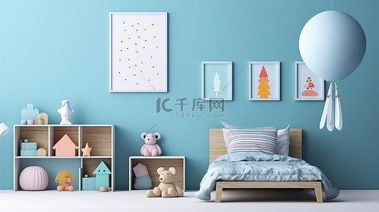 婴儿蓝色背景背景图片_孩子房间里的俏皮海报模型，蓝色墙壁背景 3D 渲染