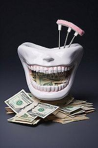 牙齿和刷子的塑料模型，上面有钱