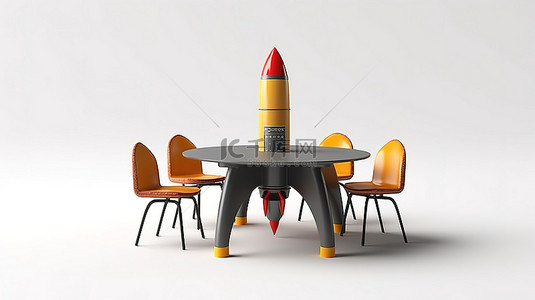 白色桌子上被椅子包围的启动火箭的 3D 渲染