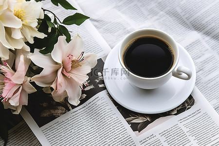 玫瑰背景图片_一杯咖啡放在报纸上