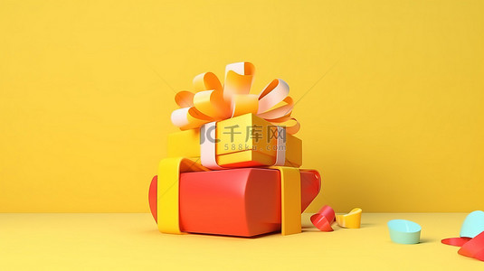 有惊喜礼品背景图片_充满活力的礼品盒，黄色背景上有彩色蝴蝶结，适合节日场合 3d 渲染