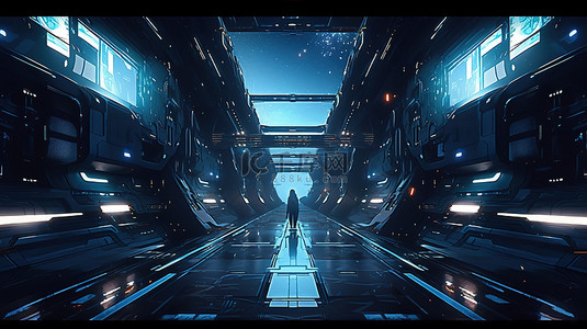 赛博朋克概念霓虹蓝橙色宇宙飞船走廊在 3d 中发光
