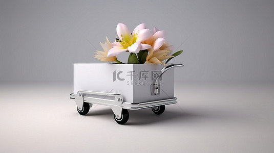 手推车的 3D 渲染，带有装满鲜花的碗，方便移动