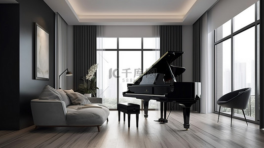 客厅钢琴背景图片_带钢琴和扶手椅的现代生活空间 3D 渲染