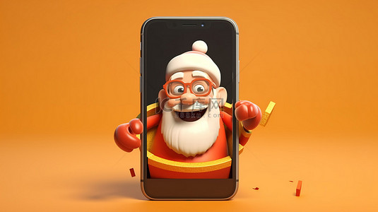 诞圣背景图片_在您的智能手机上接到圣诞老人的电话，非常适合在线圣诞购物 3D 卡通插图