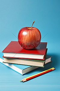 学校铅笔和苹果在一堆蓝书上