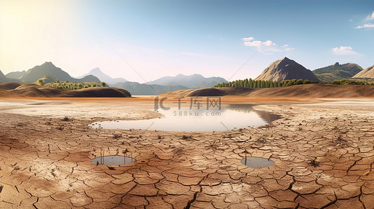 干山和干湖的环境灾难 3D 渲染