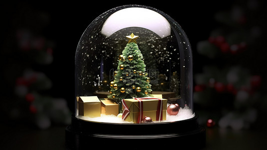 藏着雪球背景图片_以圣诞树和礼品盒为特色的节日 3D 雪球