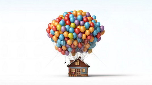 木制卡通狗屋的 3D 渲染，彩色气球在白色背景下翱翔