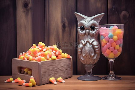 猫头鹰背景图片_万圣节糖果和一只猫头鹰坐在木板上的梅森罐子上