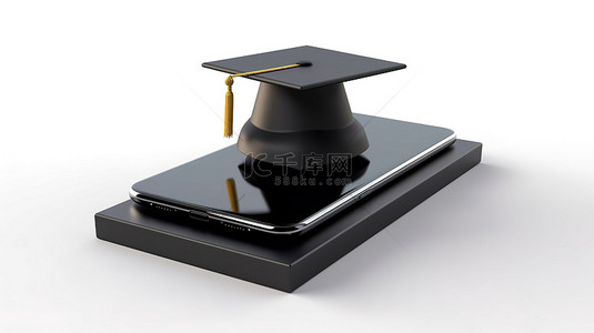 学术科技背景图片_空白手机显示屏，配有毕业帽和充足的空间，可供您在白色背景上设计 3D 渲染