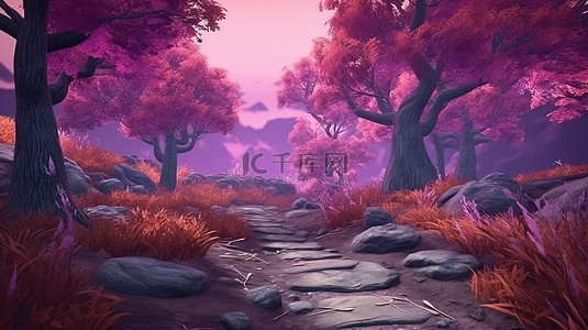 一条宁静的森林小路的 3D 插图，绿叶茂盛，紫色光芒