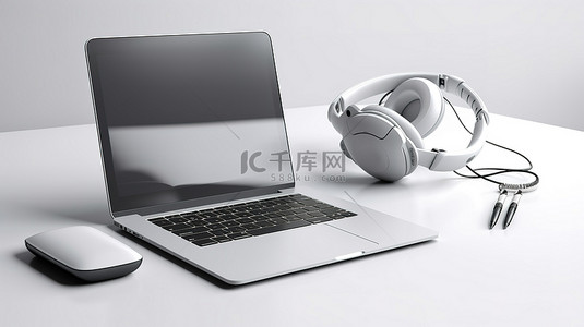 电桌子脑背景图片_咖啡杯和耳机伴随着白桌上的 3D 渲染笔记本电脑