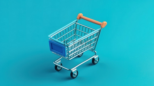 超市门头背景图片_干净简单的迷你购物车鸟瞰图在蓝色背景上象征着超市购物 3d 渲染图像