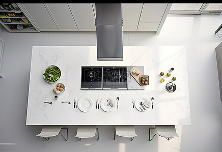 台面桌面背景图片_带有大台面和岛台的白色厨房
