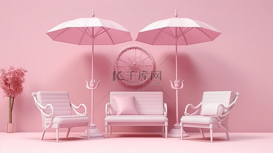 旅游海报卡通背景图片_优雅的粉红色椅子和雨伞在柔和的柔和背景 3D 渲染图像