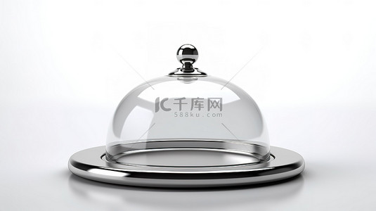 透明玻璃板背景图片_白色背景下玻璃圆顶上银托盘的 3D 渲染