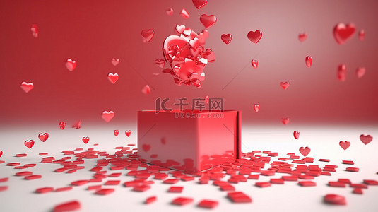 情人节概念红心从 3D 渲染中未包装的礼品盒中升起