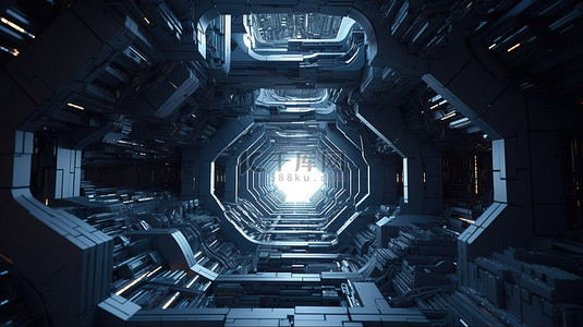 科技感蓝色背景背景图片_未来派隧道带有科幻管道和混沌立方体的 3D 抽象渲染