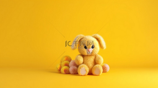 俏皮的复活节兔子 3D 渲染的毛绒兔子在阳光明媚的黄色背景上摆出姿势，作为复活节贺卡