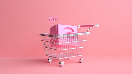 购物概念的销售时间 3d 渲染购物篮，粉红色背景上有销售文本