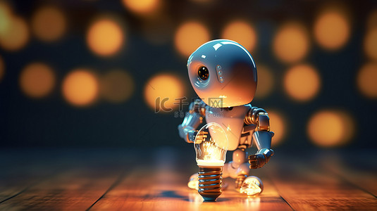 带灯泡的 3D 渲染迷你机器人标志着机器学习的概念