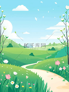 廉政插画背景图片_春天草地蓝天白云简约插画背景