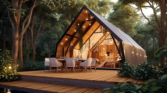 户外用餐，在茂密的森林中设有木屋和天篷帐篷 3D 渲染