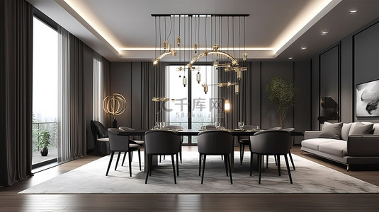 现代 3D 渲染的餐厅和客厅采用简约和豪华的装饰