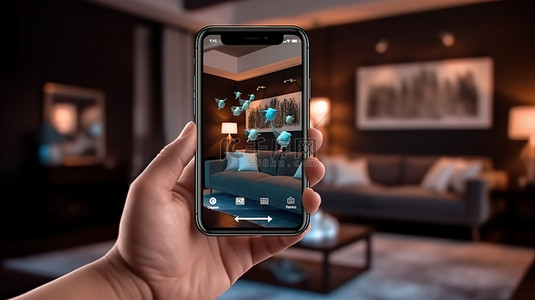 生活图标背景图片_现代生活概念 3D 渲染可爱的手持智能手机，客厅里有 Twitter 图标