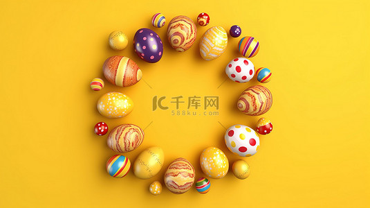 春节彩蛋背景图片_3d 渲染的黄色背景装饰着一系列复活节彩蛋