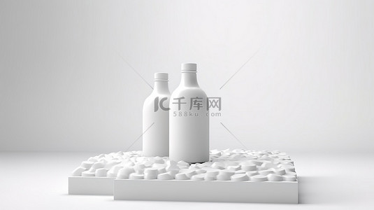 白色啤酒泡沫背景图片_3D 渲染的聚苯乙烯泡沫塑料瓶放置在中性背景下的白色讲台上