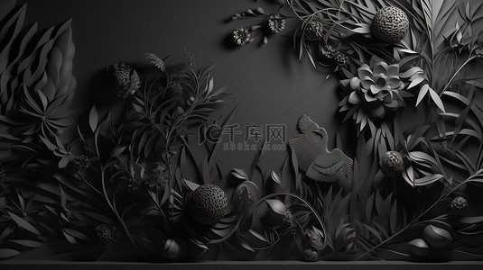 纸抽海报背景图片_3D 渲染中的艺术黑纸剪纸设计非常适合具有深色背景的网站或演示模板