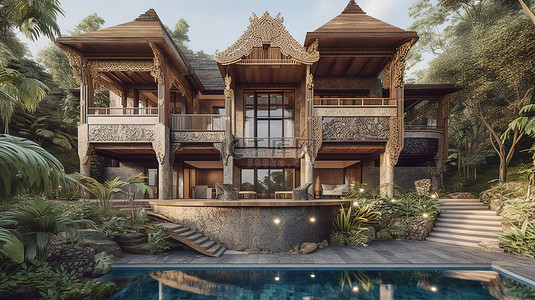 现代宏伟建筑背景图片_宏伟的 3D 渲染豪华别墅，设有木石泳池和异国情调的花园
