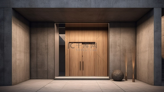 具有宽敞木质入口的现代混凝土结构 3d 渲染