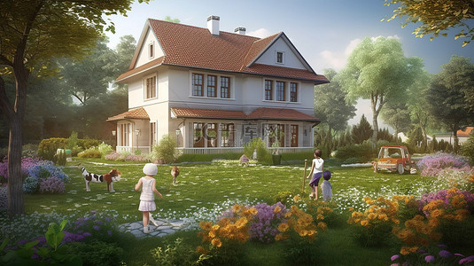 孩子们和妈妈背景图片_3D 家庭友好型住宅和花园