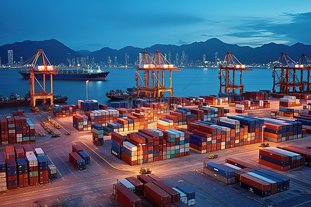 港口贸易背景图片_黄昏时分的香港大集装箱港口