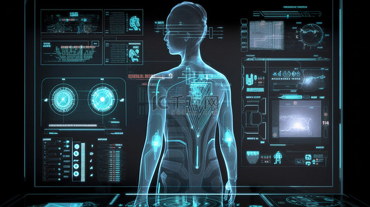 科技面板背景图片_具有 3D 数据渲染的未来个人小工具面板