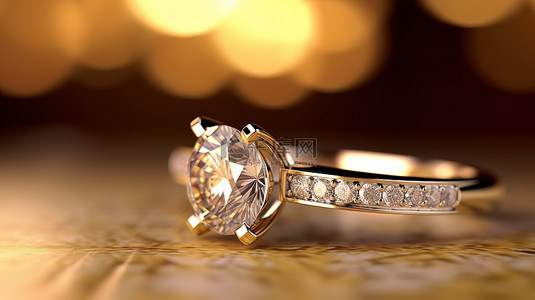 婚礼背景背景图片_豪华钻石戒指，带有柔和聚焦的金宏观视图 3D 渲染