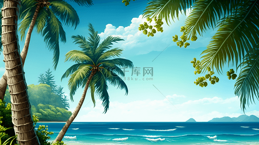 夏天暑假背景图片_夏日大海椰树背景
