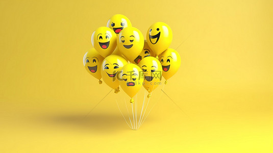 3D 渲染的 facebook 反应表情符号与黄色背景上的社交媒体气球符号