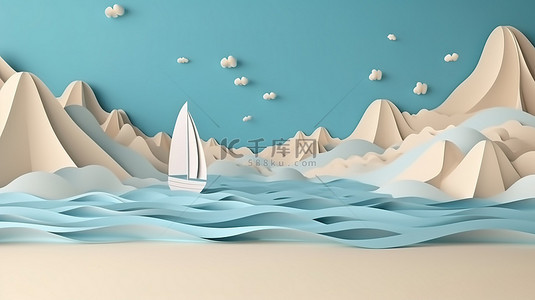 阳光亲吻海滩和大海的 3D 渲染纸艺术风格与云背景