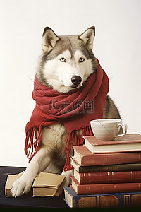 西伯利亚哈士奇狗戴着红围巾，坐在一些书旁边