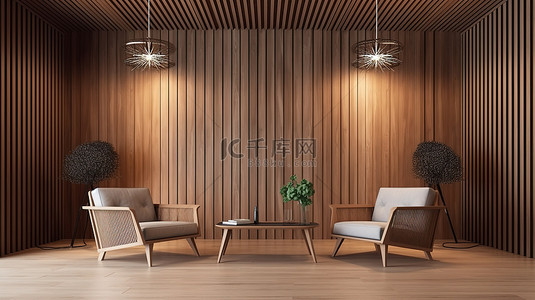 室内场景 3D 渲染的客厅插图，配有木板条墙天花板灯和扶手椅