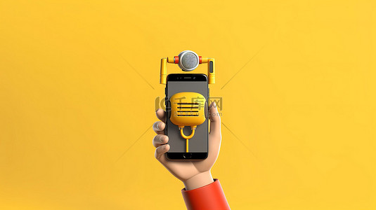 黄色播客智能手机的 3D 渲染，卡通手握着它