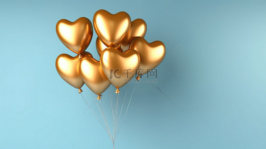色心背景图片_蓝色墙壁背景上一堆金色心形气球的令人惊叹的 3D 渲染